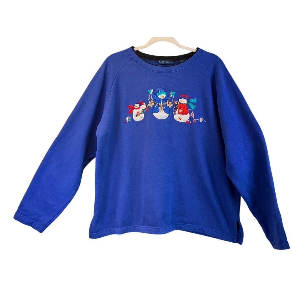 KarenScott Womens XL BlueEmbroidery Snowmans JingleBellsChristmasParty Sweater